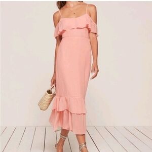Reformation Odessa Midi Dress in Blush Pink  Ruffle Cold Shoulder